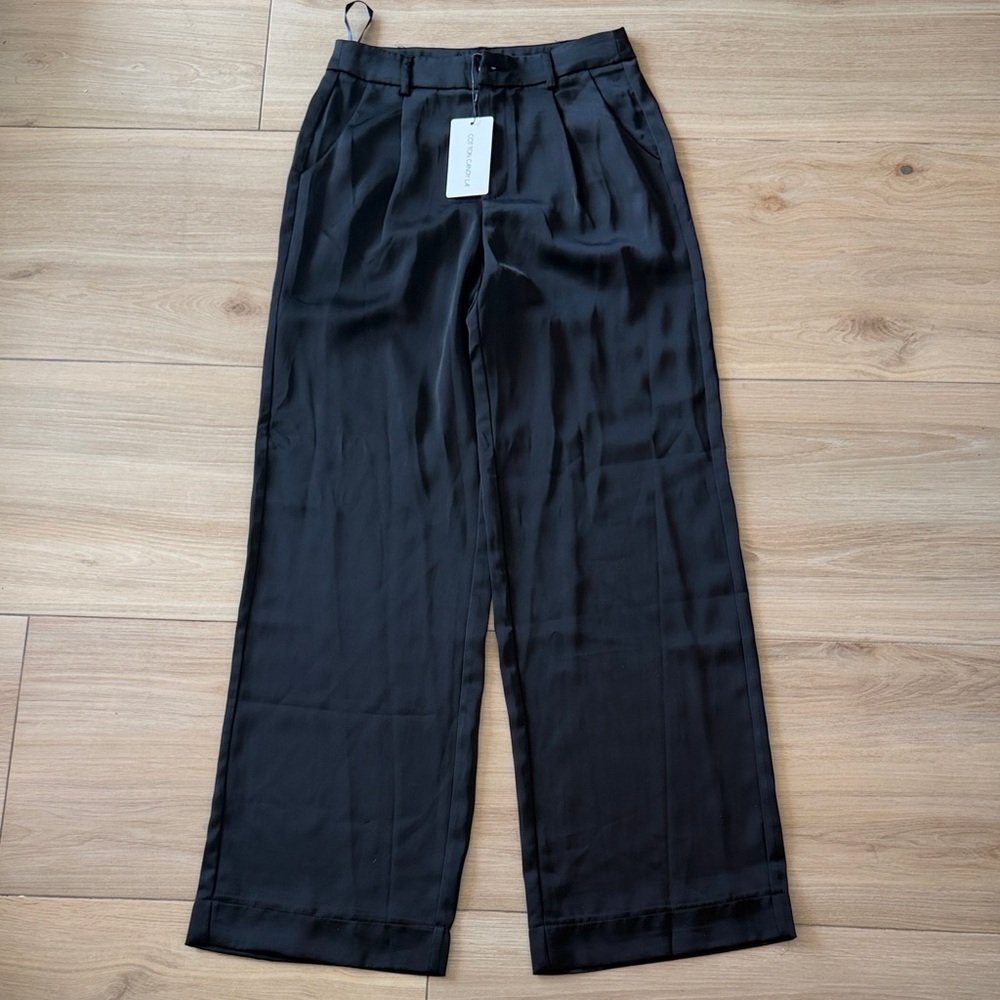 Cotton Candy LA Allison Satin‎ Trouser Black Wide Leg Pleated High Rise Pants S